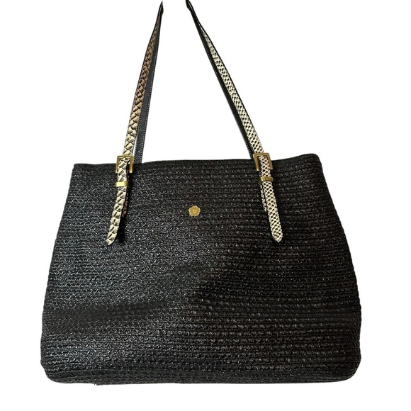 Eric Javits Handbags - Eric Javitz women’s black straw tote bag with leather handles